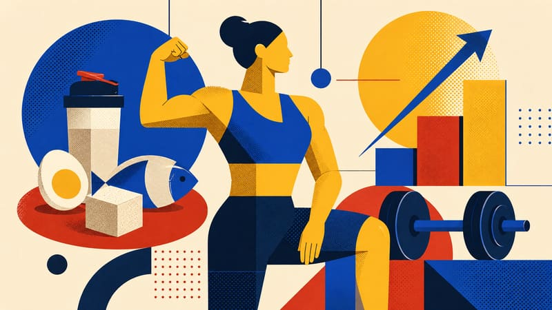 Stylized strong woman with protein sources and barbell illustration