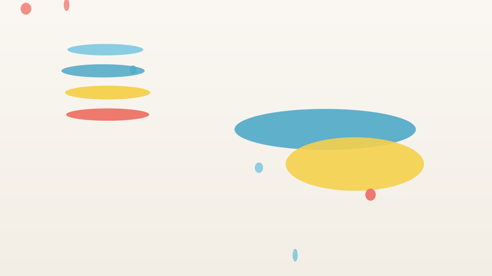 Abstract composition of overlapping sky-blue, gold, and coral ovals on cream