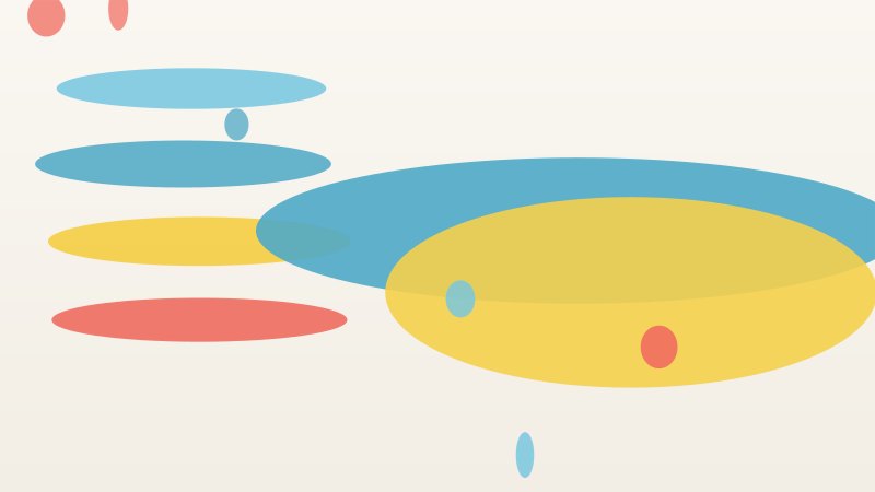 Abstract composition of overlapping sky-blue, gold, and coral ovals on cream