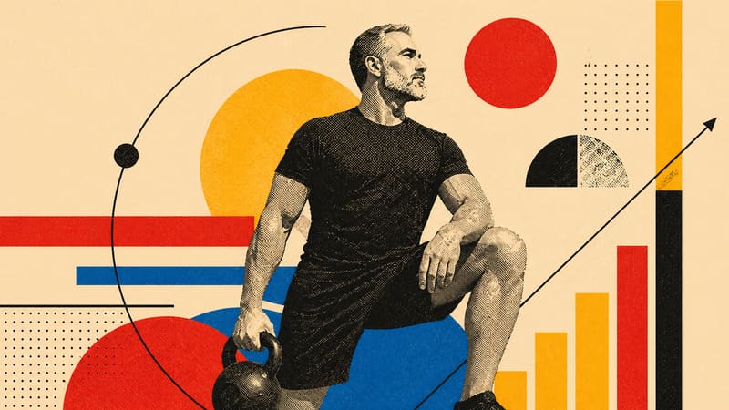 Halftone illustration of a man with kettlebell and rising bar chart
