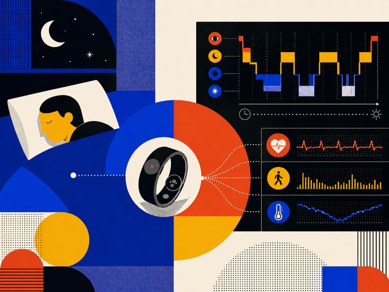 Stylized sleeping figure with sleep-stage dashboard illustration